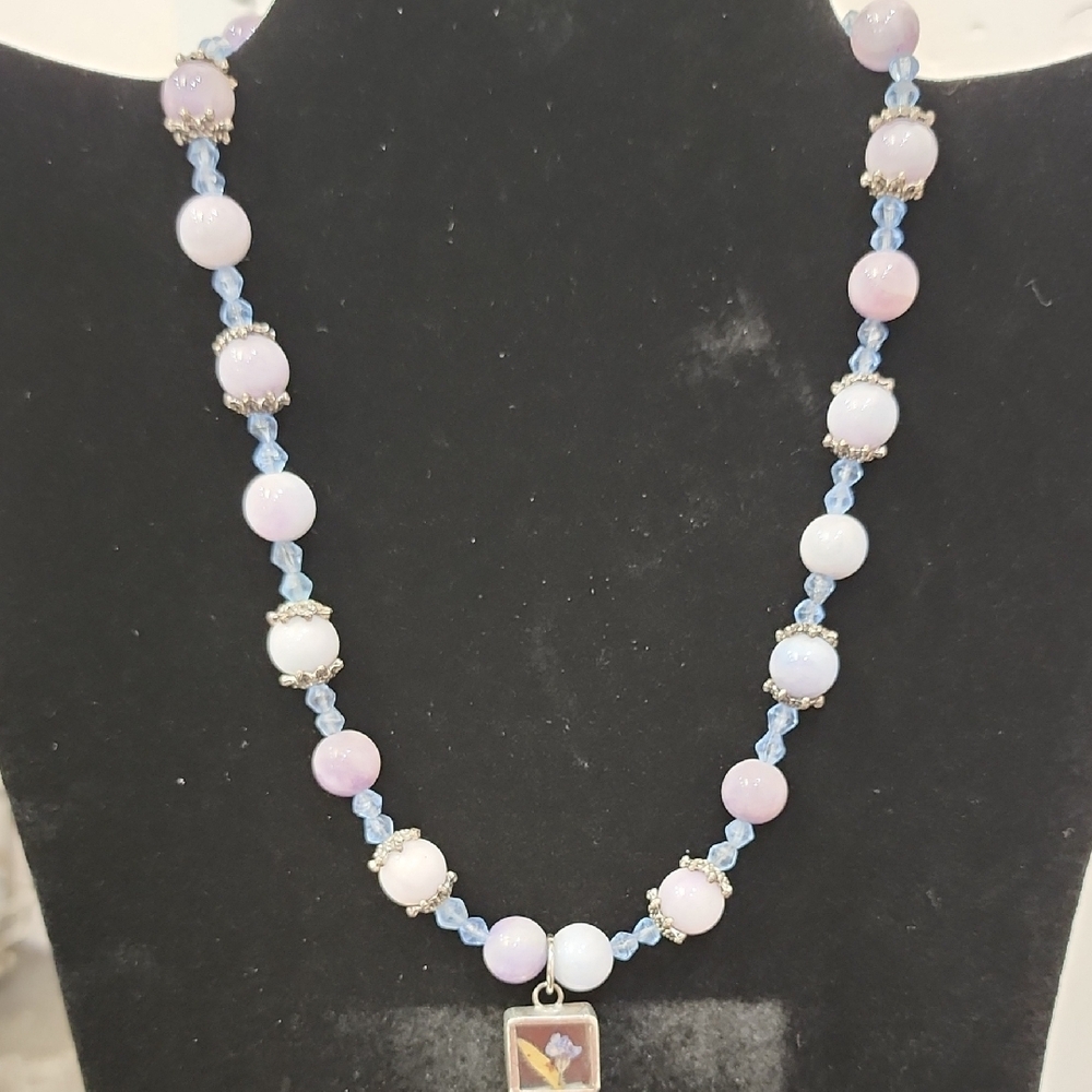 Elegant Blue and Lavender Beaded Necklace With Dried Flower Charm